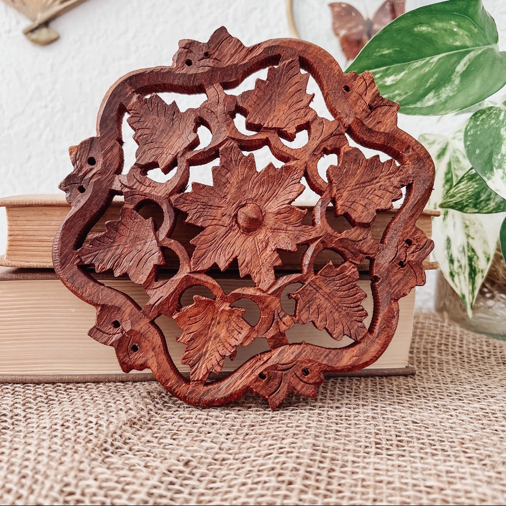 Vintage Intricate Hand Carved Flower Shaped Wood Trivet